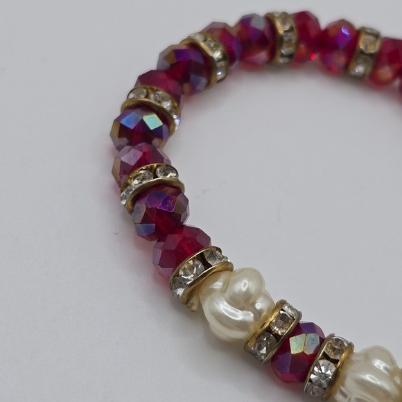 Red White Gold Tone Bead Bracelet Heart Charm Stretchy Elastic Fashion Jewelry - Picture 4 of 9